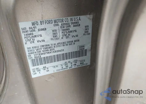 2001 Ford F-150 Harley-Davidson Edition/King Ranch Edition/Lariat/Xlt z USA, uszkodzony, nr VIN 1FTRW07W41KB20633